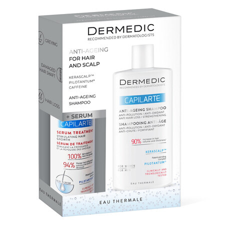 Set Dermedic Capilarte, haargroeistimulerend behandelserum voor vrouwen en mannen, 150 ml + antiverouderingsshampoo, 300 ml