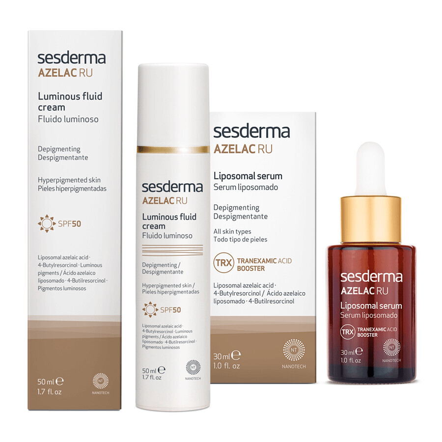 Sesderma set, Azelac RU, liposomizing, depigmenting facial serum, 30 ml + illuminating emulsion SPF 50+, 50 ml for 1 penny