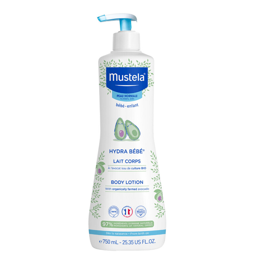 Set Mustela Bebe Enfant Hydra Bebe, lapte de corp, de la naștere, 750 ml + șampon pentru copii, din prima zi, 200 ml + scutec bambus gratuit