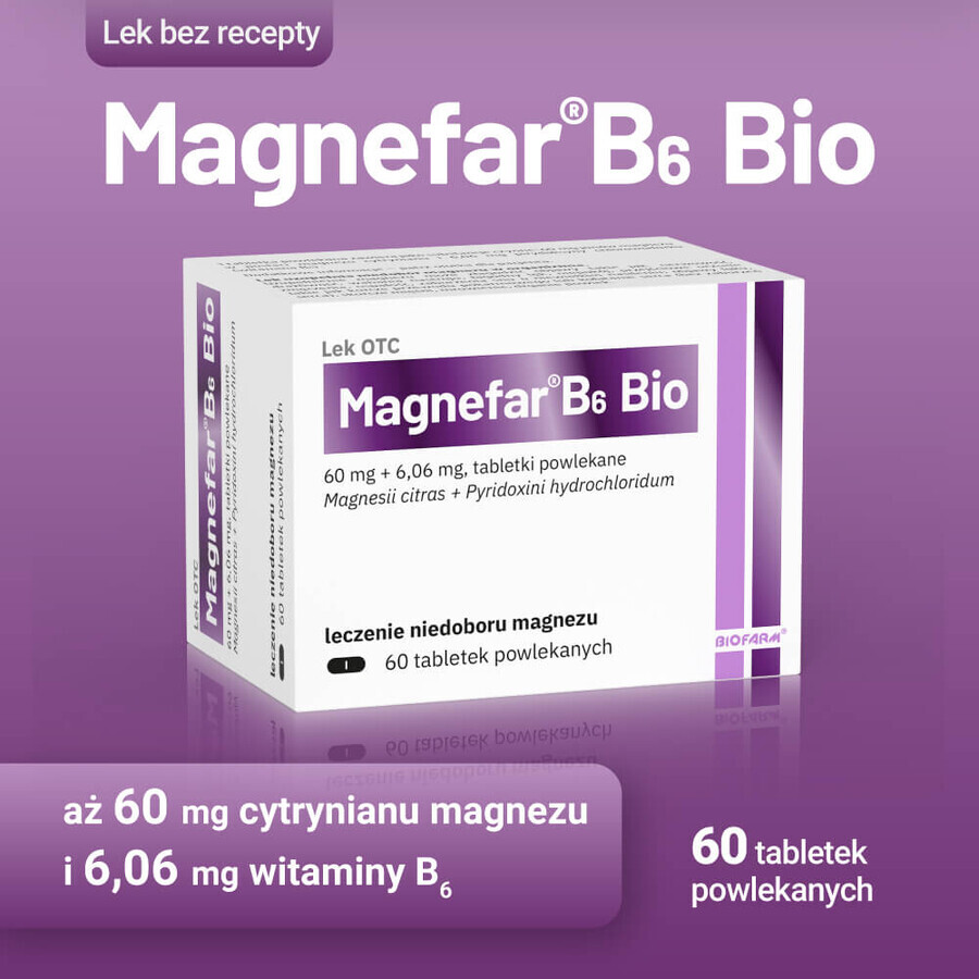 Magnefar B6 Bio 60 mg + 6,06 mg, 60 filmomhulde tabletten