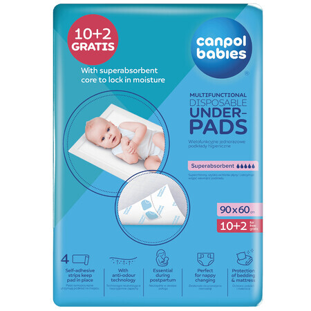 Canpol Babies, multifunctioneel wegwerpmaandverband, superabsorberend, 90 cm x 60 cm, 10 stuks + 2 stuks gratis