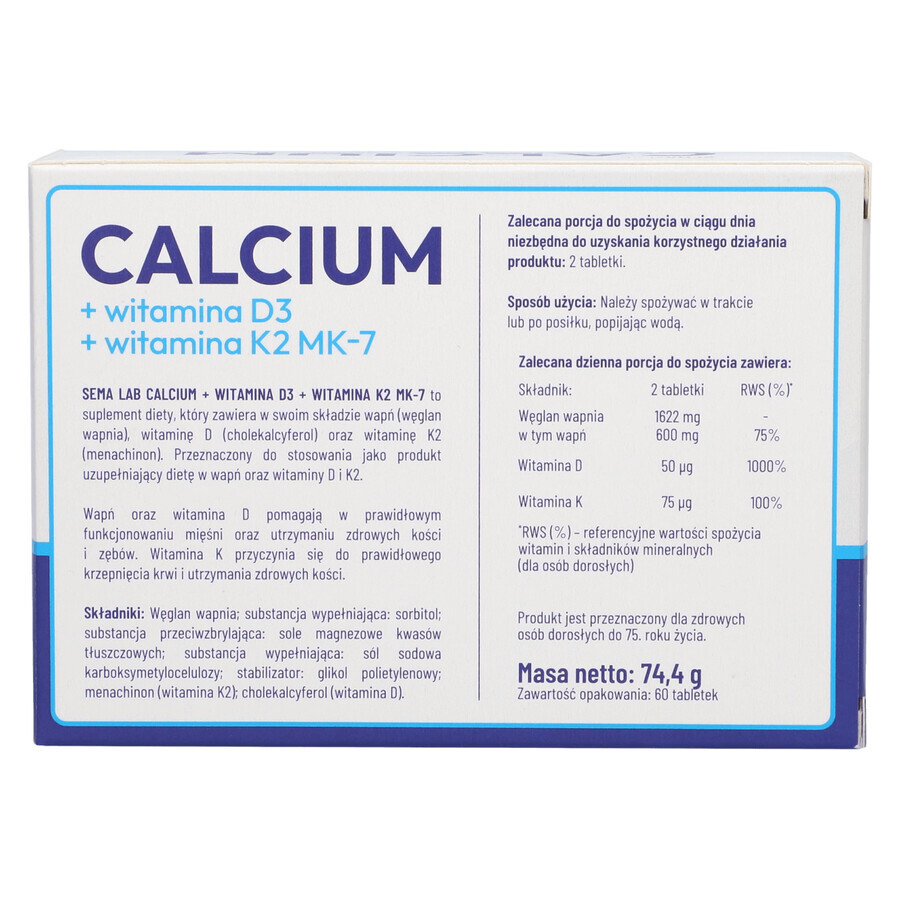 SEMA Lab Calcium + vitamine D3 + vitamine K2 MK-7, 60 harde tabletten