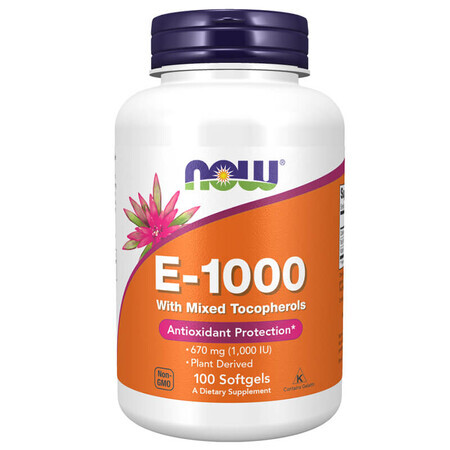 Now Foods E-1000, vitamina E cu tocoferoli amestecați, 100 capsule gel