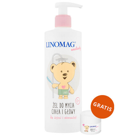 Linomag Emolients, lichaams- en hoofdreinigingsgel voor baby's en kinderen vanaf 1 levensdag, 400 ml + beschermingscrème, 15 ml gratis