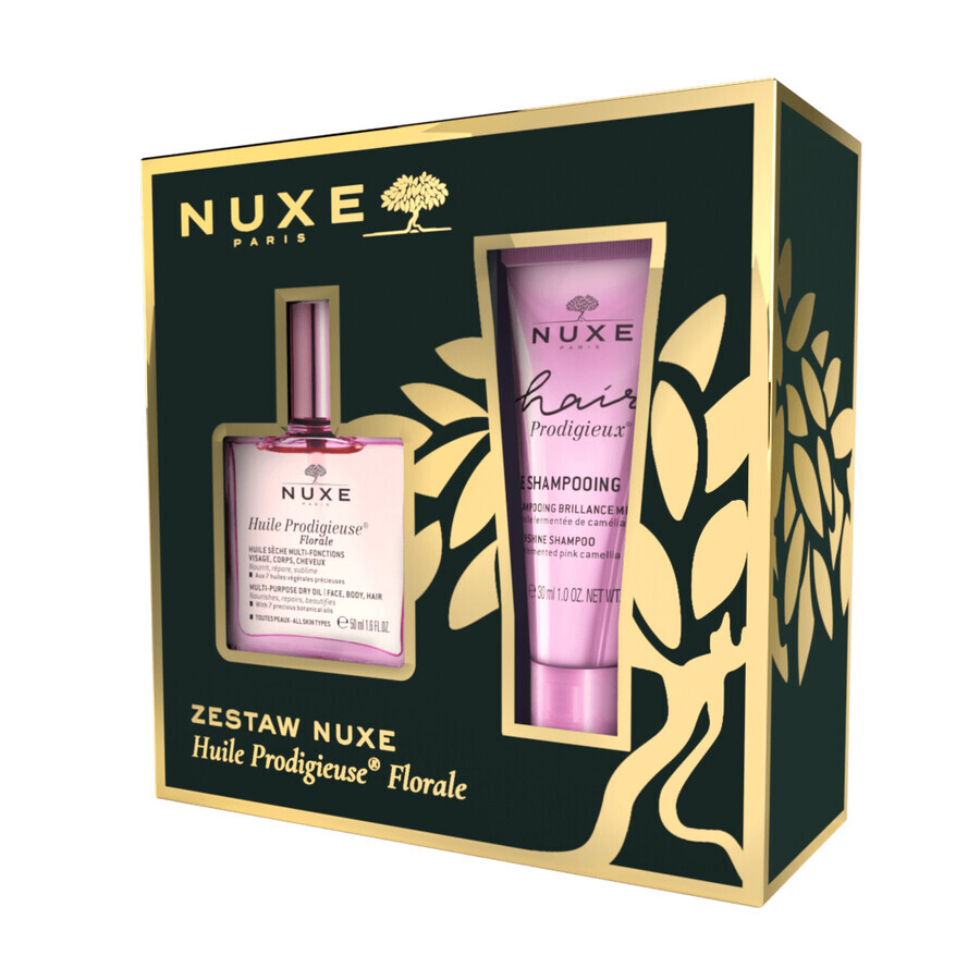 Set Nuxe Huile Prodigieuse Florale, dry oil for body, face and hair, 50 ml + Hair Prodigieux, shining shampoo, 30 ml