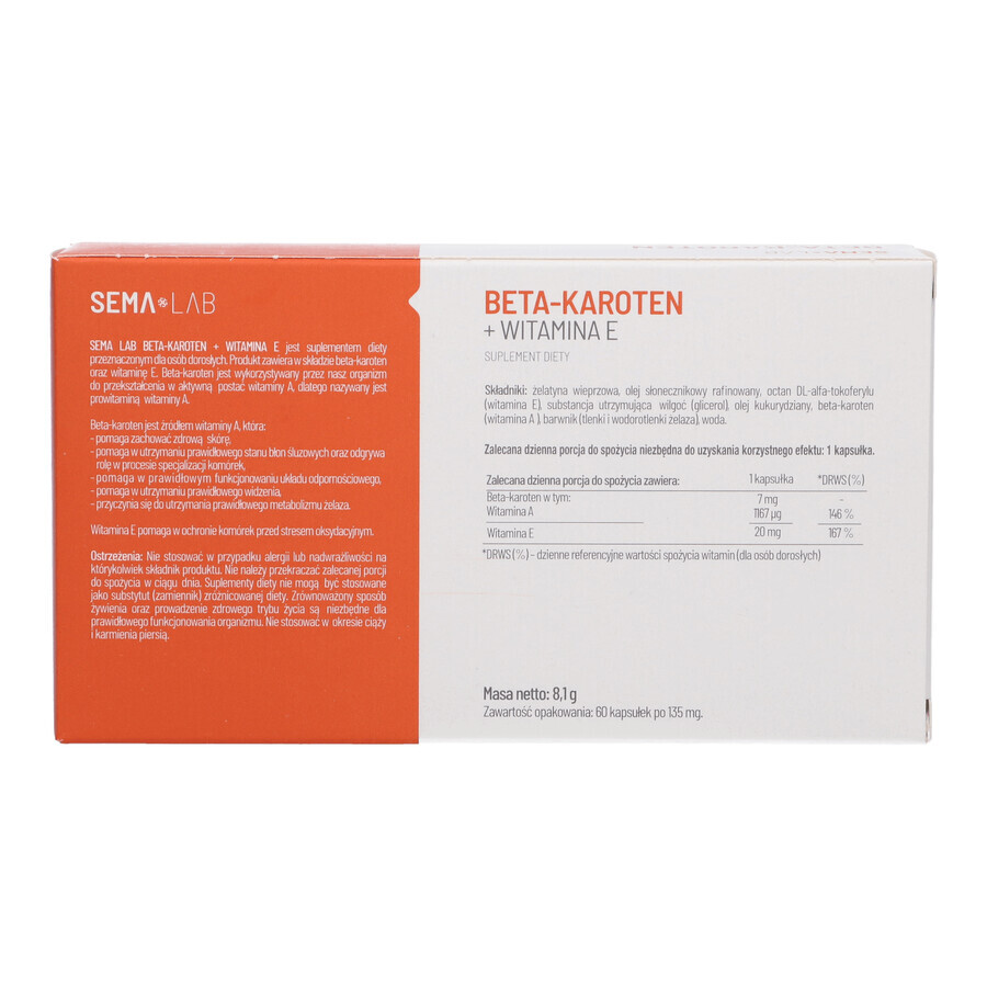 SEMA Lab Beta-carotene + vitamin E, 60 softgels