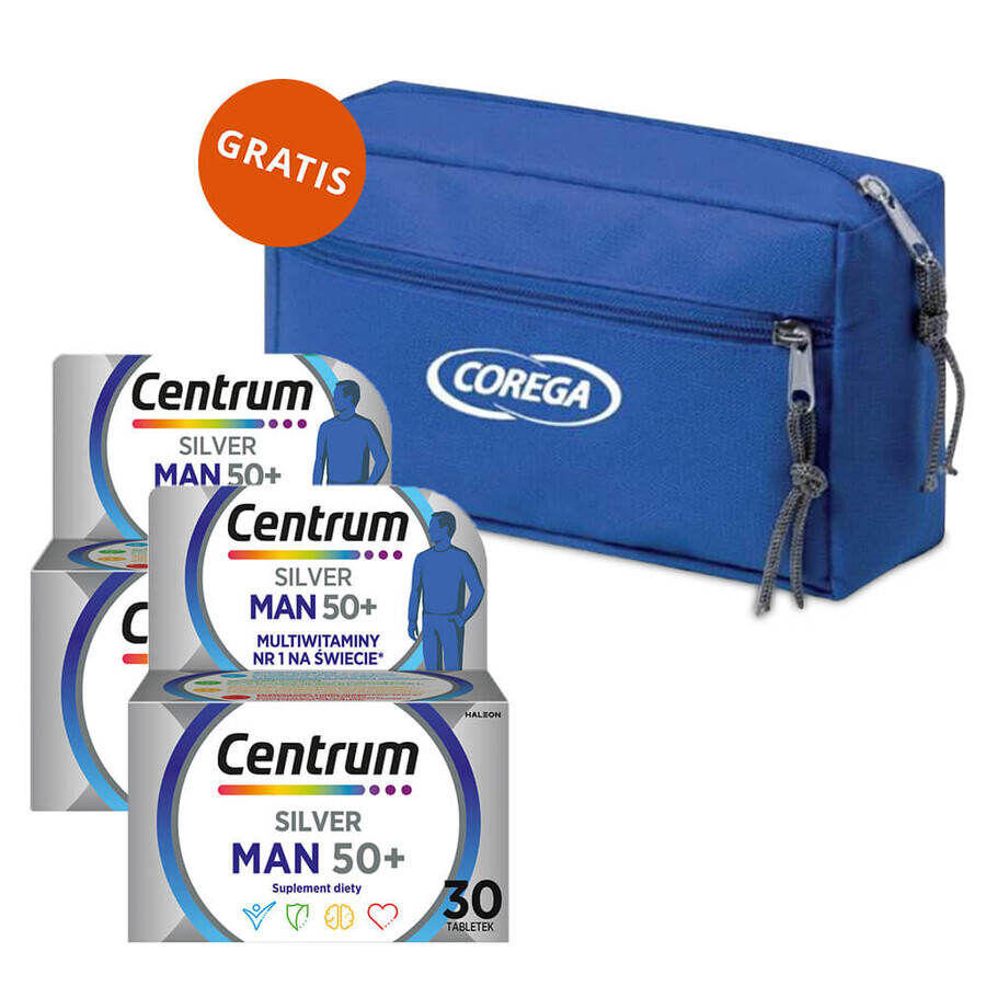 Set Centrum Man 50+, 2 x 30 tabletten + Corega, gratis cosmetisch reistasje