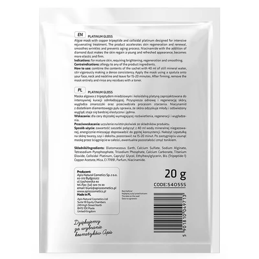 Apis Professional Platinum Gloss, masque aux algues platine, 20 g