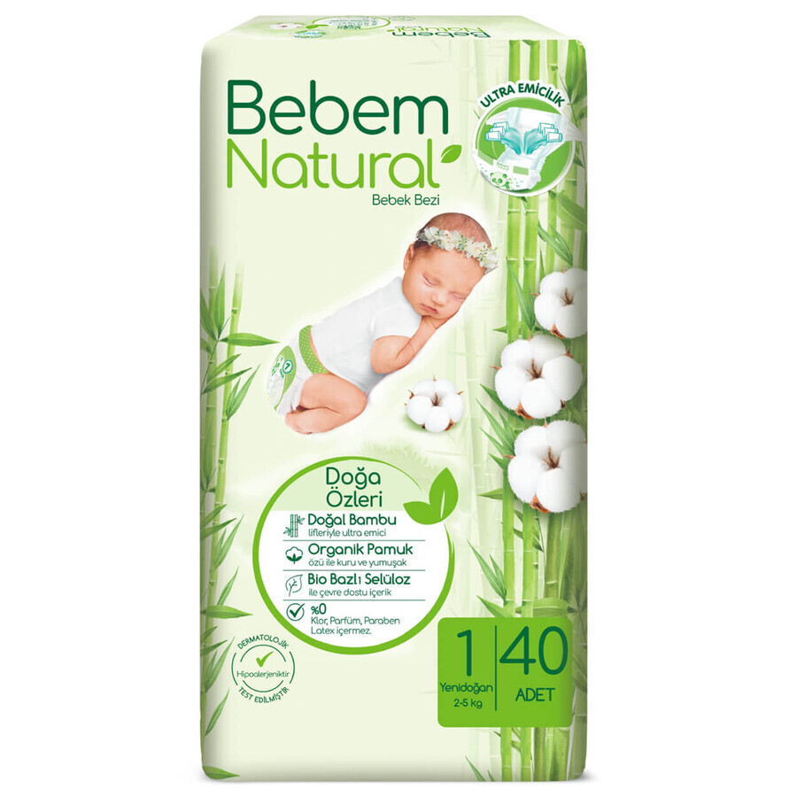 Bebem Natural, scutece din bambus, mărimea 1, Nou-născut, 2-5 kg, 40 buc