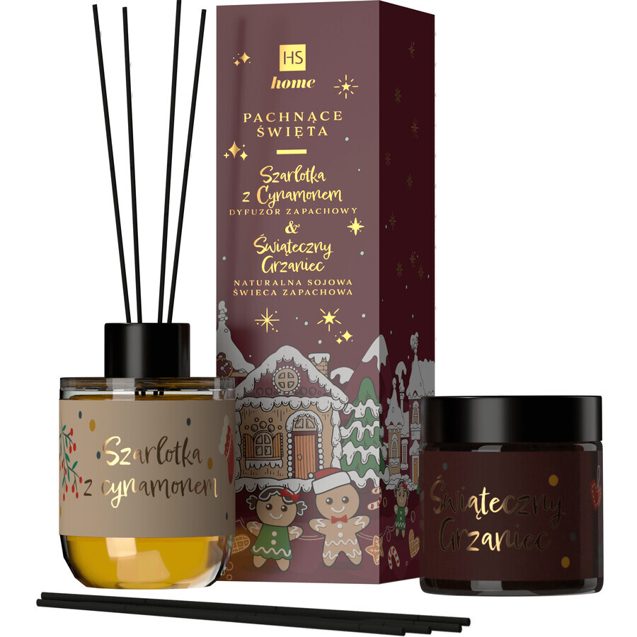 HiSkin Set de Noël parfumé, Bougie de soja, Réchauffement de Noël, 100 ml + bâton diffuseur, Tarte à la pomme et à la cannelle, 80 ml