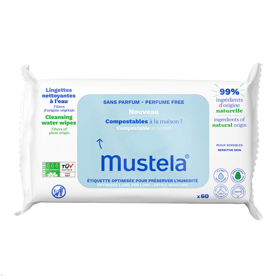 Mustela, salviette detergenti, compostabili, non profumate, dalla nascita, 60 pezzi