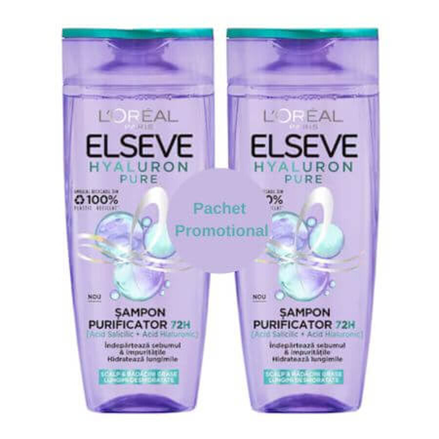 Pachet Sampon purificator pentru scalp si radacini grase Hyaluron Pure, 2x250 ml, Elseve