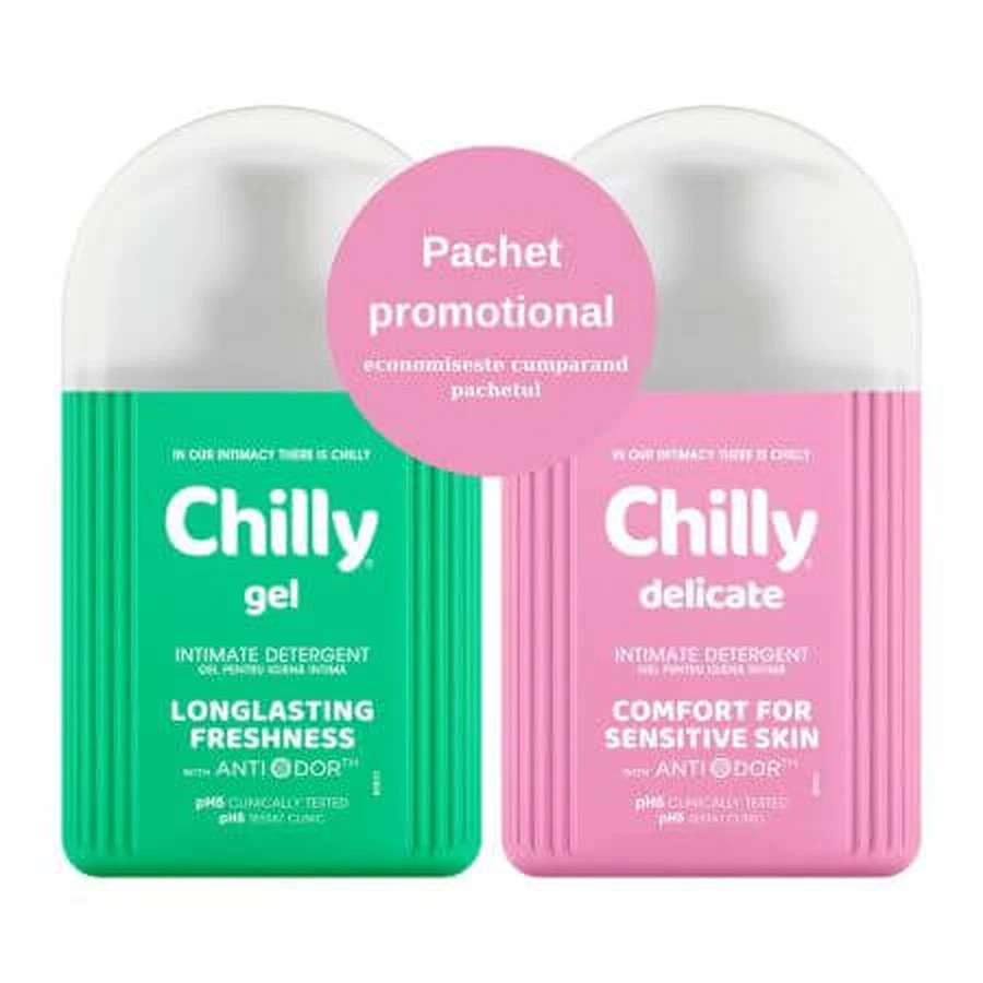 Envase Gel higiene íntima delicada + Gel higiene íntima fresca, 200 + 200 ml, Chilly