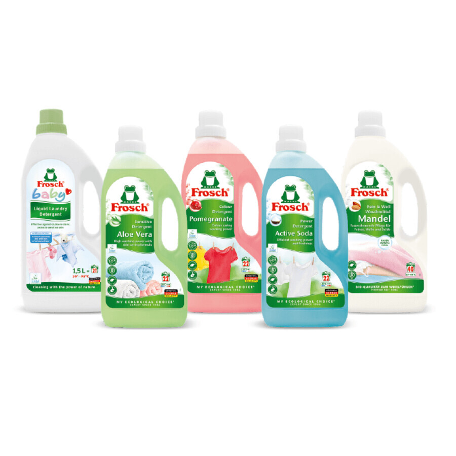 Envase de detergente para ropa con ingredientes naturales, 5 x 1,5 litros, Frosch