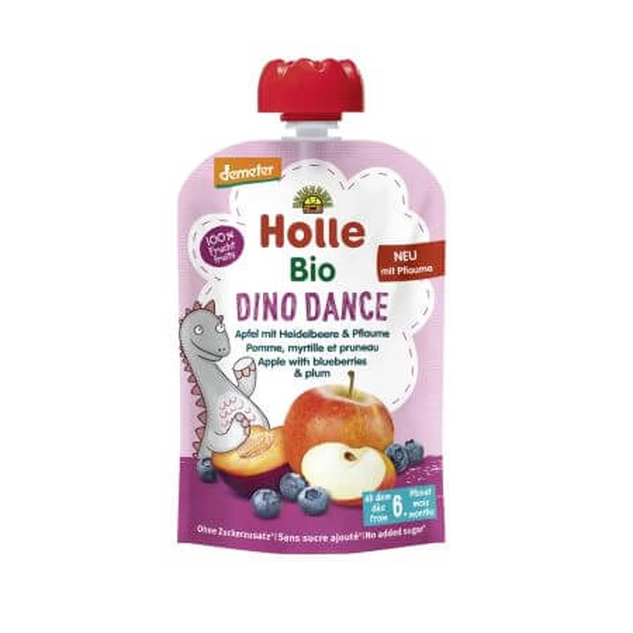 Biologische appelmoes met bosbessen en pruimen Dino Dance, +6 maanden, 100 g, Holle Baby