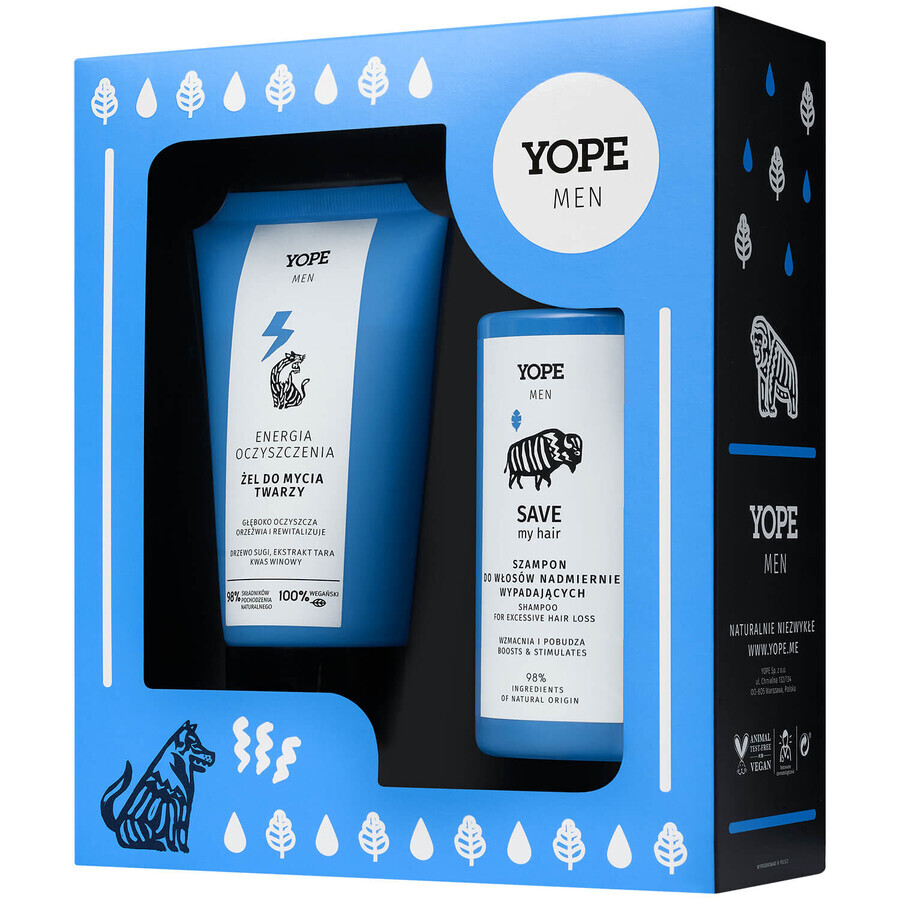 Yope Men's Set, Cleansing Energy, Gezichtsreinigingsgel, 150 ml + Save my Hair, Shampoo tegen Haaruitval, 300 ml GEBROKEN PAKKET