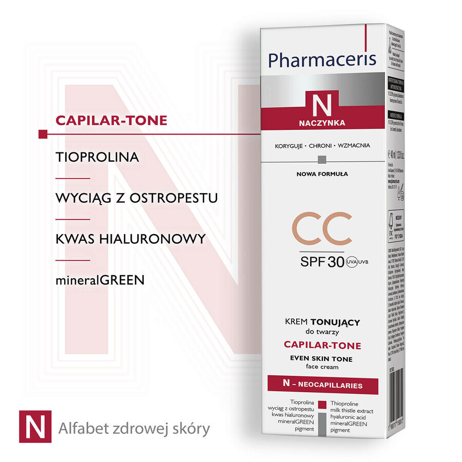 Pharmaceris N Capilar-Tone CC, crema tonificante, pieles vasculares e hiperreactivas, FPS 30, 40 ml + concentrado de vitamina C 1200 mg, fortificante y alisante, 5 ml gratis