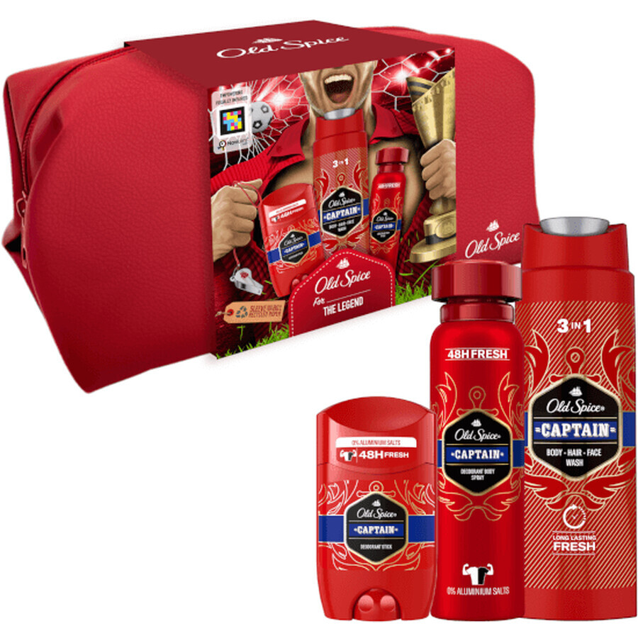 Old Spice Footballer: set de deodorant solid + spray deodorant și gel de duș Captain cu note de lemn de santal și citrice