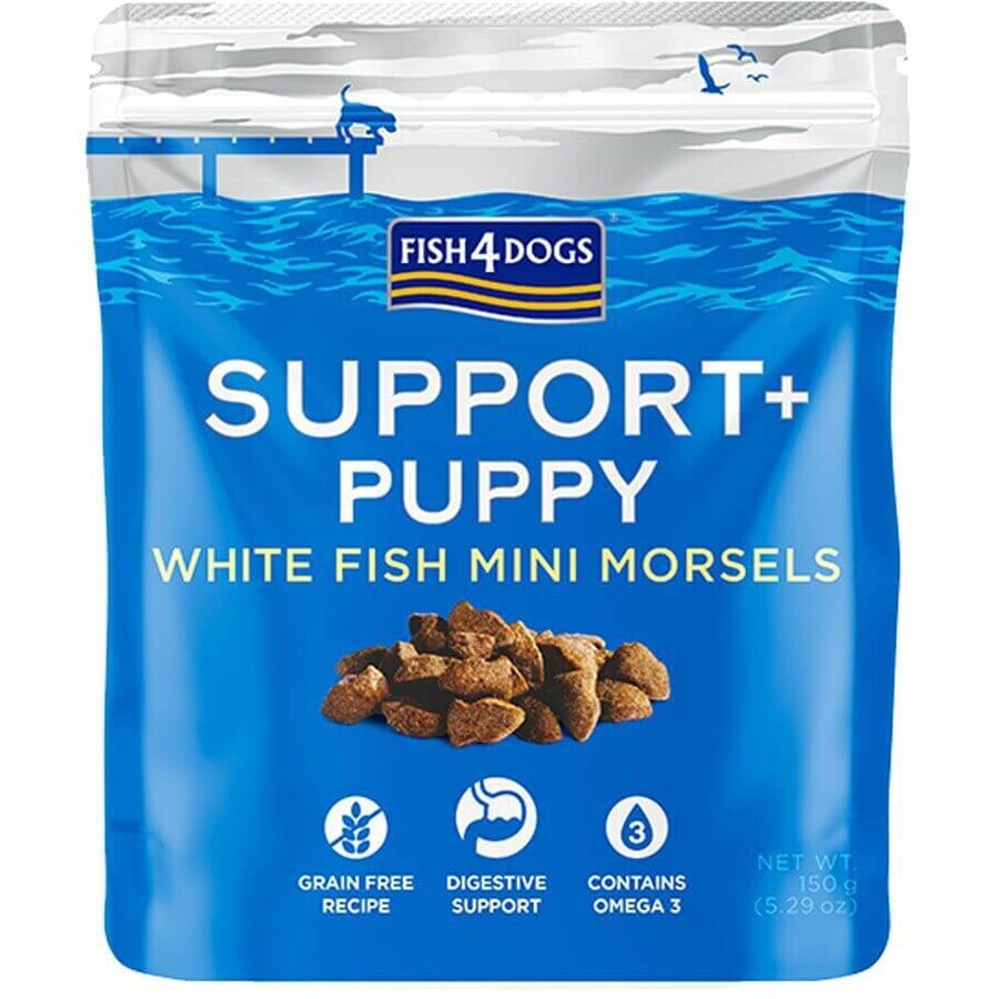 Fish4Dogs Puppy traktaties voor puppy's ter ondersteuning van de spijsvertering met stukjes witte vis en prebiotica 150 g