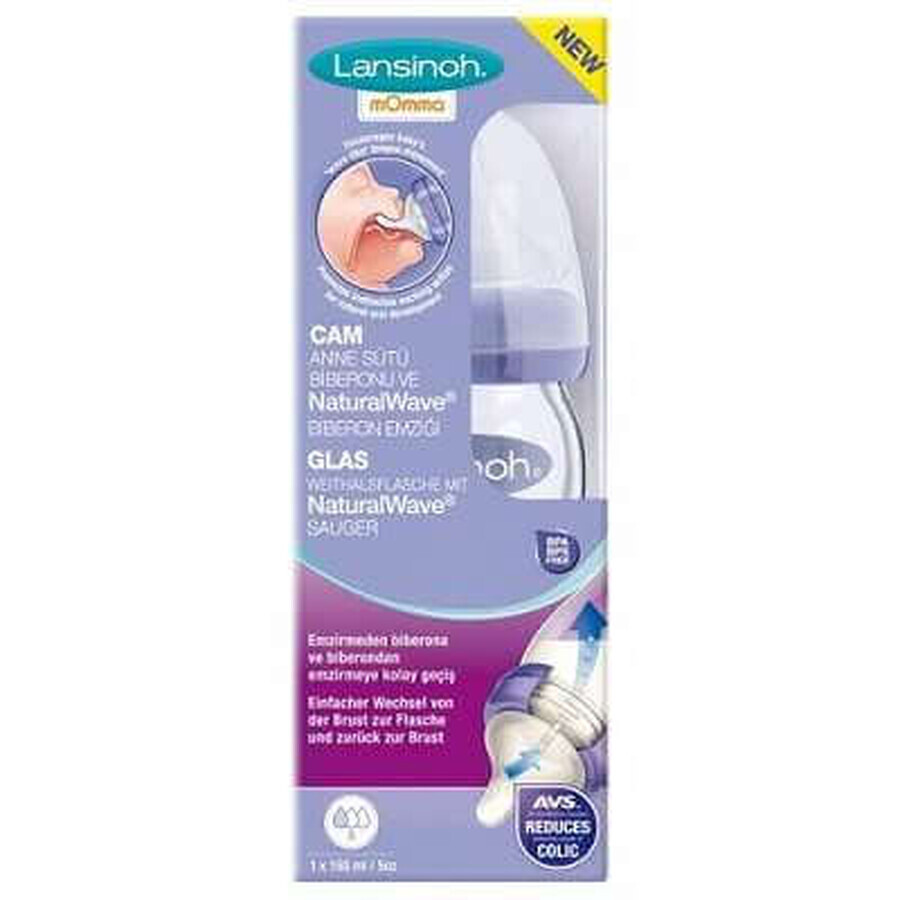 Biberon in vetro con tettarella in silicone, 0 mesi+, 160 ml, Lansinoh Momma