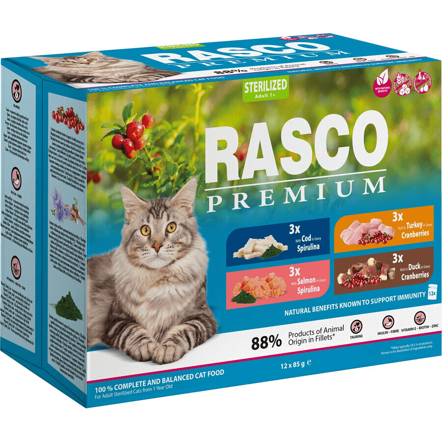 Rasco Premium Gesteriliseerde Kattenbuidel - zalm, kabeljauw, eend, kalkoen 12 x 85 g