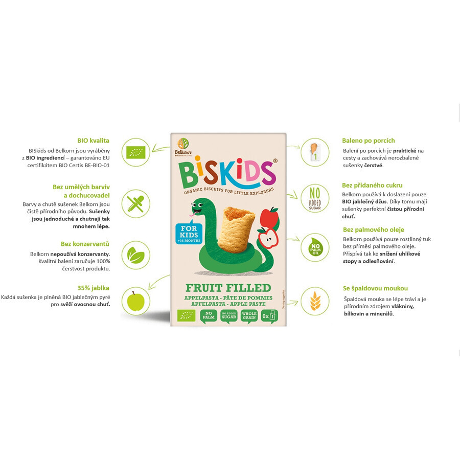 Belkorn BISkids Biologische zachte kinderkoekjes met appelmoes zonder toegevoegde suiker 34% fruit 150 g