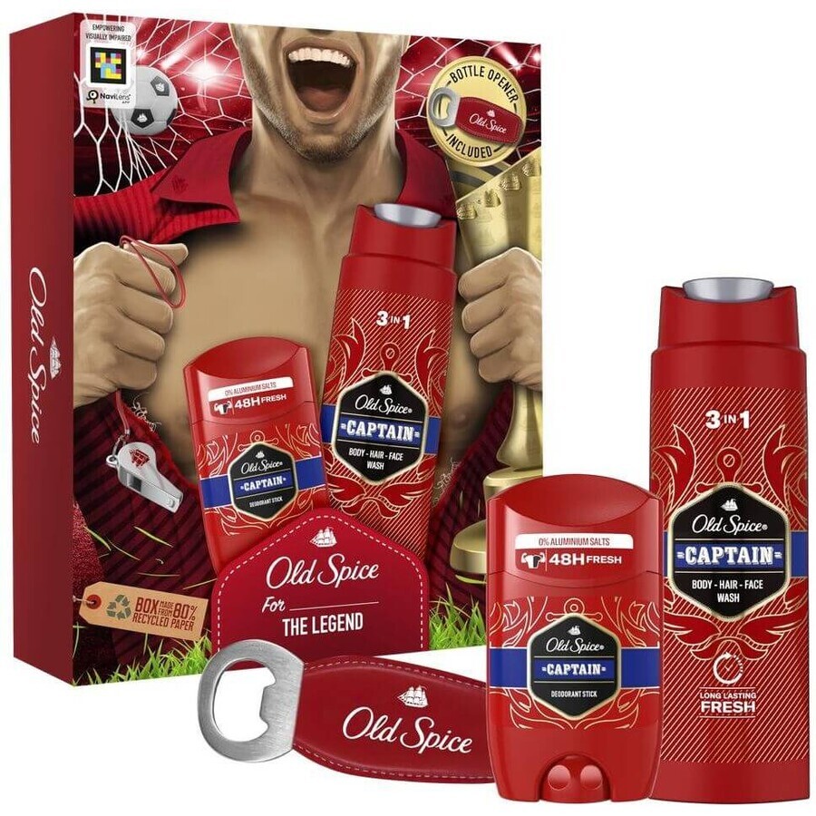 Old Spice Footballer - geschenkset met vaste deodorant, Captain douchegel met sandelhout- en citrusnoten en flesopener