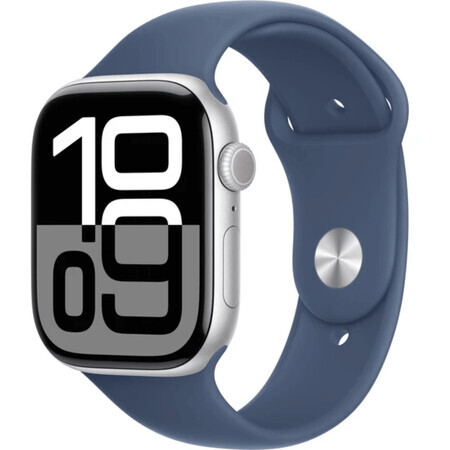 Apple Watch Series 10 GPS + Cellular 46mm Zilverkleurige aluminium behuizing met denim sportband - M/L