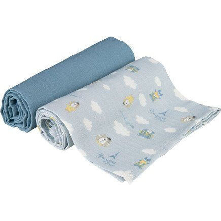 Canpol babies Muslin diapers Bonjour Paris, blue, 70x70 cm, 2 pieces