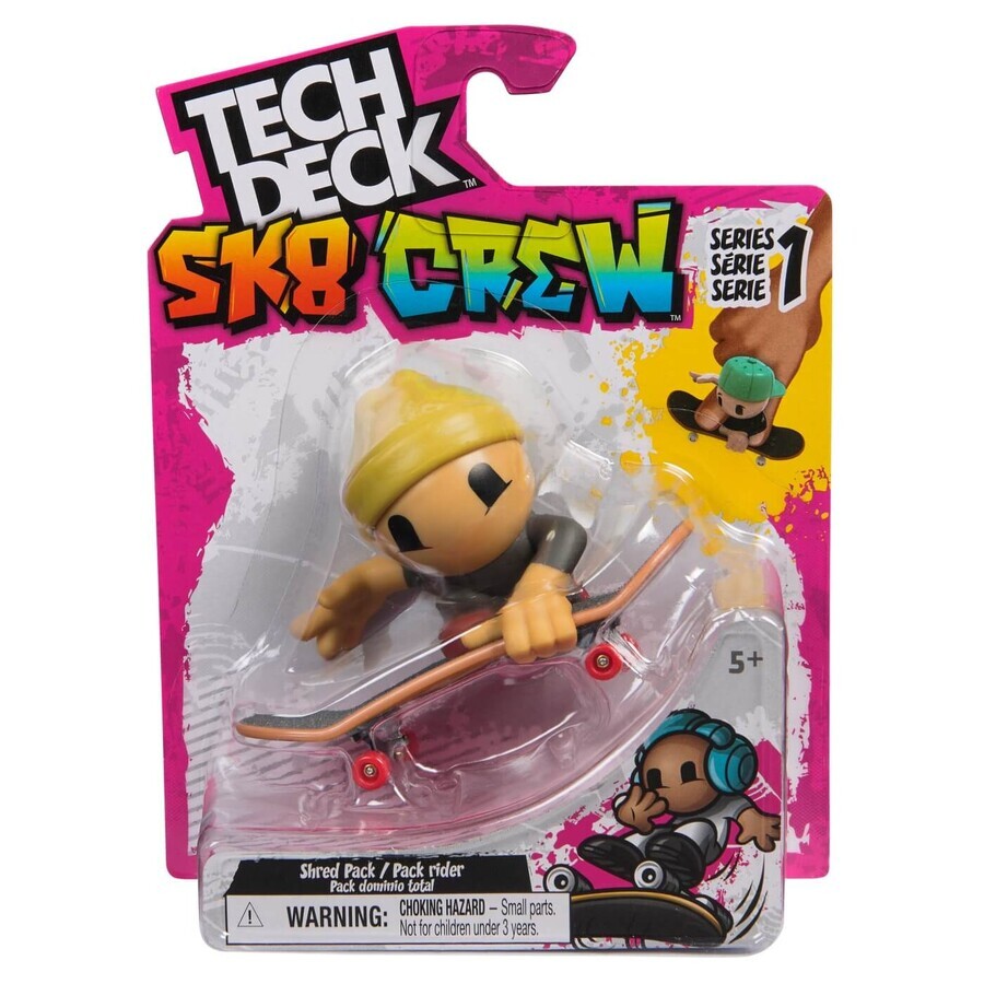 Sk8 Crew Mini Skateboard en beeldje met gele helm, 9.6 cm, 5 jaar+, Tech Dech