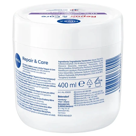 Nivea Repair & Care Sensitive Multifunktions-Feuchtigkeits- und Schutzcreme mit Panthenol, parfümfrei, empfindliche Haut, 400 ml