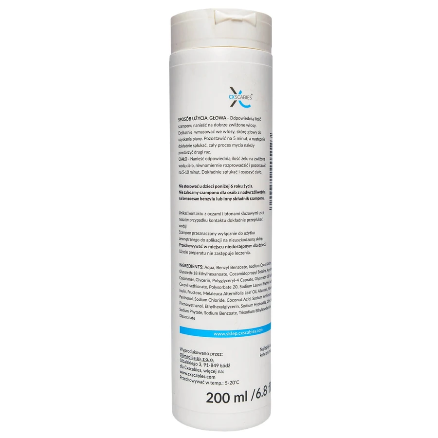 CxScabies Benzyl Benzoate 10%, shampoing-gel 2-en-1 contre la gale et les démangeaisons, 200 ml