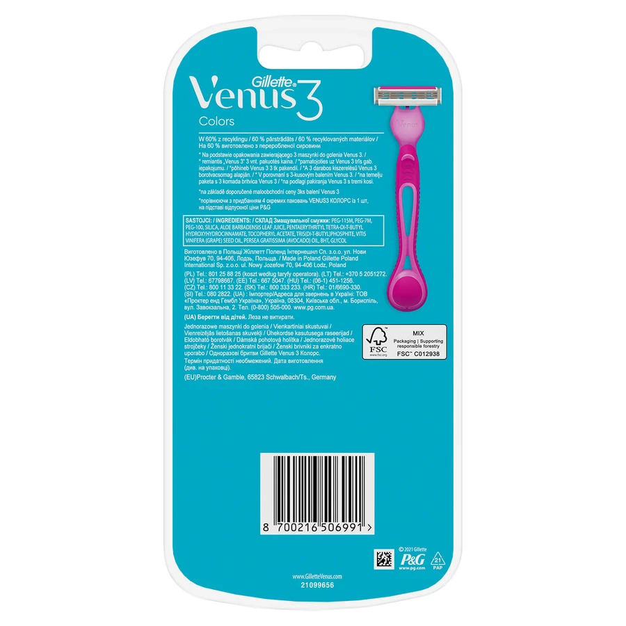 Gilette Venus 3 Kleuren, damesscheermes, wegwerp, 4 stuks