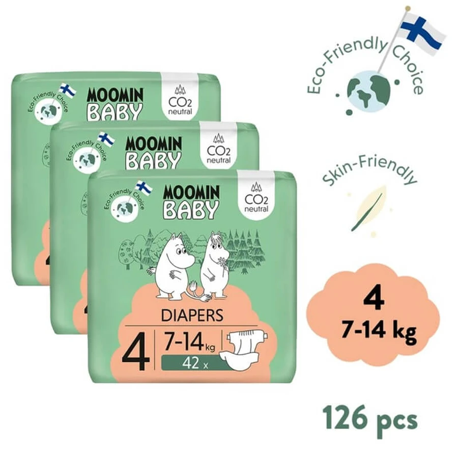 Moomin Baby, pieluchy, rozmiar 4, 7-14 kg, 126 sztuk: ceny i cechy