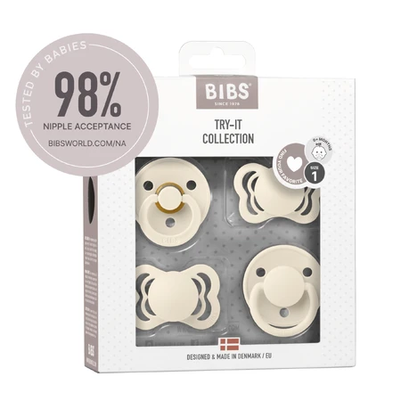 Juego de baberos Try-It Collection, chupetes, goma y silicona, talla 1, 0-6 meses, marfil, 4 piezas