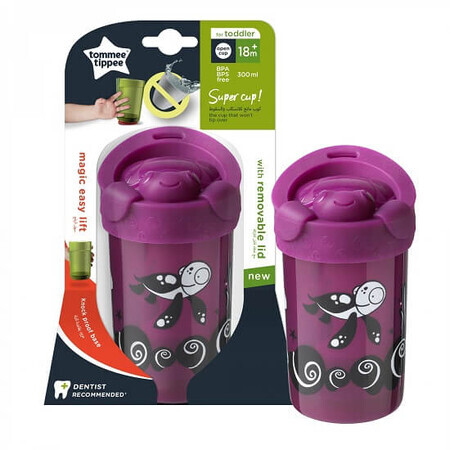 Tazza viola con coperchio modello tartaruga No Knock Large, 18 mesi+, 300 ml, Tommee Tippee