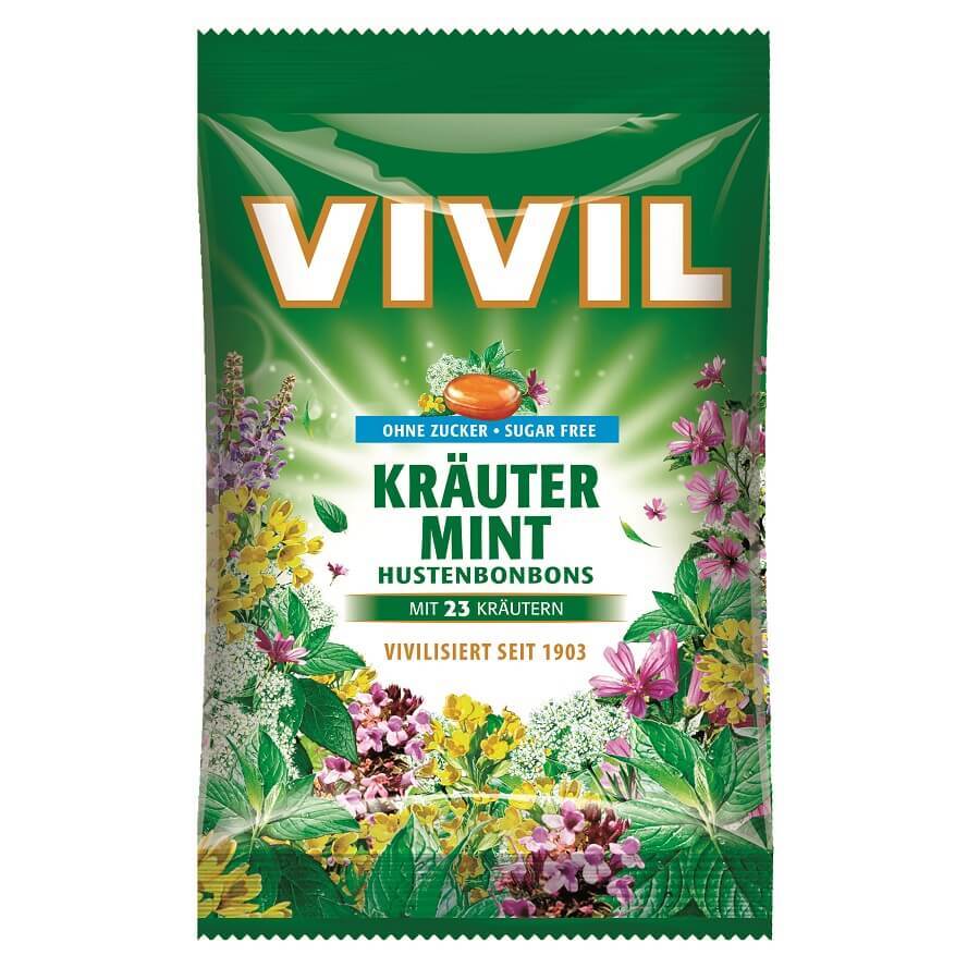 Zuckerfreie Bonbons mit natürlichen Kräutern und Minze, 60 g, Vivil