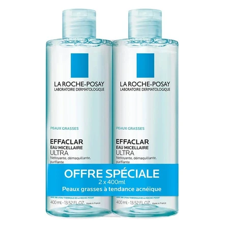 La Roche-Posay Effaclar Eau Micellaire Ultra Nettoyante Démaquillante Purifiante Peaux Grasses 2x400ml