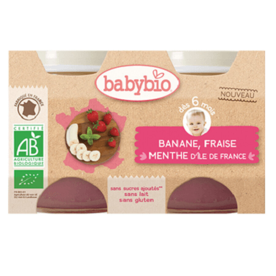 Dessert sans sucre à la banane, à la fraise et à la menthe, +6 mois, 2x 130 g, BabyBio