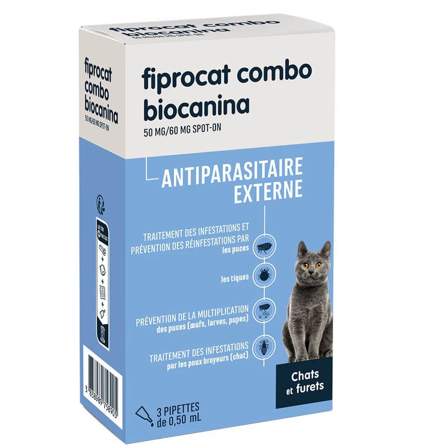 Biocanine Uitwendige Antiparasitaire Oplossing voor Gevlekte Katten en Fretten Fiprocat Combo 3 pipetten