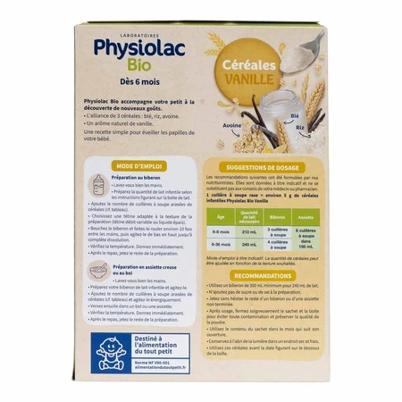 Physiolac Cereal Blue Rice Vanilla Oats 6 months Organic 200g
