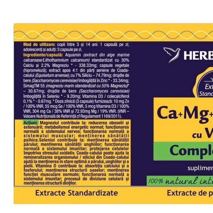 Ca+Mg+Se+Si+Zn Organice cu Vitamina D3, 120 capsule, Herbagetica