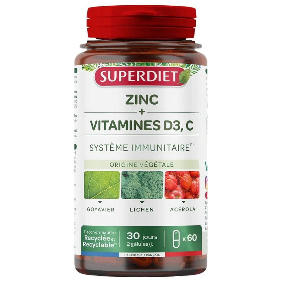 Superdieet Zink + Vitaminen D3 en C Immuunsysteem 60 capsules