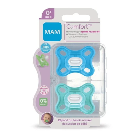 Mam Comfort Symmetrical Soothers Silicone Original with Sterilization Box 0 months+ 2pcs