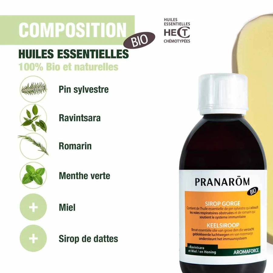 Pranarôm Aromaforce Sirop pentru gât cu miere și Ravintsara Bio 150 ml