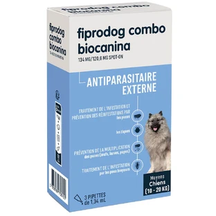 Biocanine Uitwendige Antiparasitaire Oplossing Spot-On voor middelgrote honden van 10 tot 20 kg combo fiprodog 3 pipetten