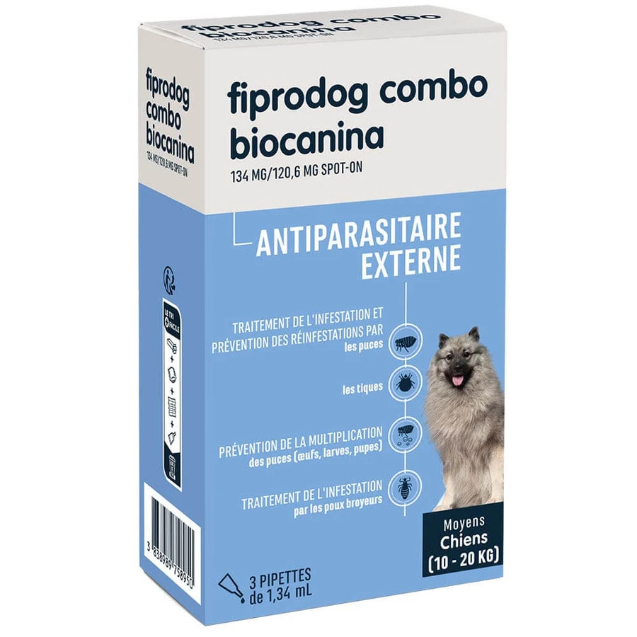 Biocanine Spot-On zewnętrzny roztwór przeciwpasożytniczy dla średnich psów od 10 do 20 kg fiprodog combo 3 pipety: ceny i cechy