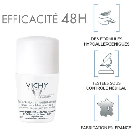 Vichy Deodorant Roll-on Anti-transpirant 48u Gevoelige of Onthaarde Huid 2x50ml
