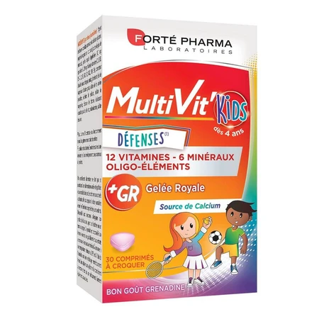 Forté Pharma MultiVit'4G Multiwitaminy dla dzieci Witaminy mineralne wzbogacone wapniem 30 tabletek do żucia: ceny i cechy