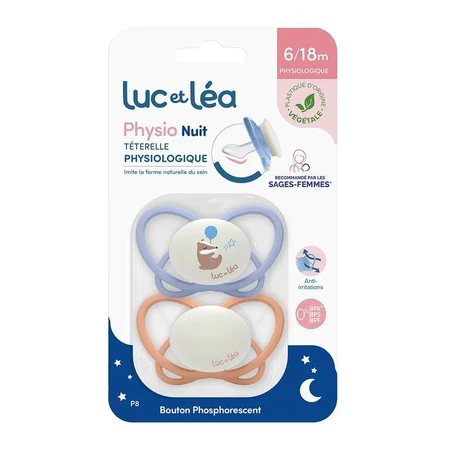 Luc Et Lea Physiological silicone pacifiers without rings Night 6 to 18 months x2